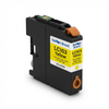 A photorealistic studio photograph of the Balloon Brand LC103 Yellow compatible Brother ink cartridge, angled to show the right side, on a pure white background with a soft shadow.