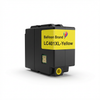 A photorealistic studio product photo of the Balloon Brand Compatible Brother LC401XL Yellow ink cartridge on a pure white background. The black cartridge with its yellow label and chip is centered, angled to show the right side, and casts a soft shadow.