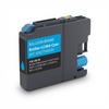A photorealistic studio shot of the Balloon Brand Compatible Brother LC404 Cyan ink cartridge. It is centered on a pure white background with a soft natural shadow. The cartridge is angled to show its left side, revealing the blue label with white text. The blue ink port and blue top clip are visible.