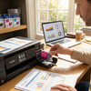 A man in a home office inserts a Balloon Brand Brother LC103 Magenta ink cartridge into a printer. The scene is sunlit and professional.