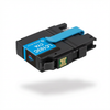 A photorealistic studio photograph of the black Balloon Brand Compatible Brother LC103 Cyan ink cartridge with blue accents, angled to show the left side and its green circuit chip. It casts a soft shadow on a pure white background.