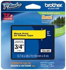 TZN641 Brother NON LAMINATED TAPES 18MM - BLACK ON YELLOW Brother